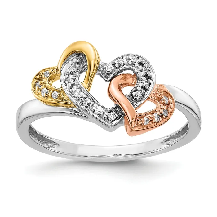 Solid 14k TriColor Simulated CZ Triple Heart Ring Goldia Rings