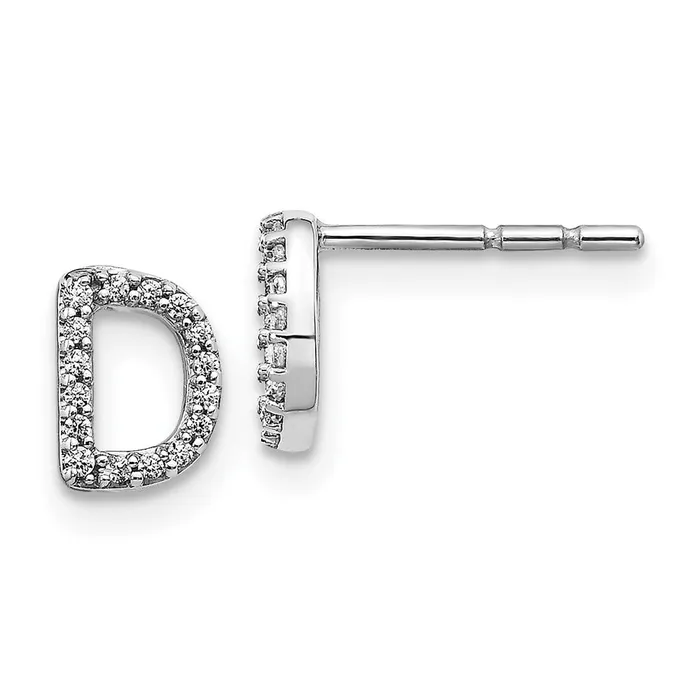 Solid 14k White Gold Simulated CZ Initial D Earrings Goldia Earrings