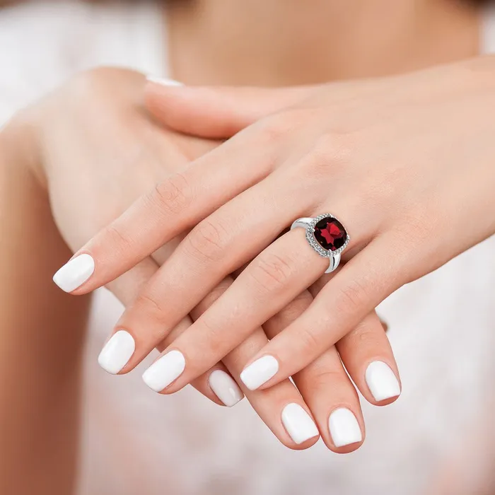 Solid 14k White Gold Simulated Garnet and CZ Ring Goldia Rings