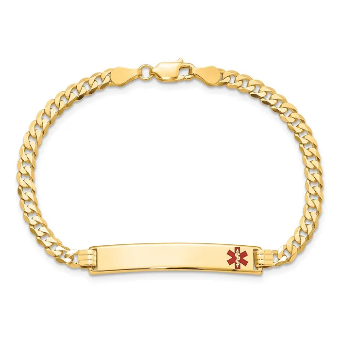 Solid 14K Yellow Gold Medical Red Enamel Flat Curb Link ID Bracelet MDS Bracelets Solid 14K Yellow Gold Medical Red Enamel Flat Curb Link ID Bracelet MDS Bracelets