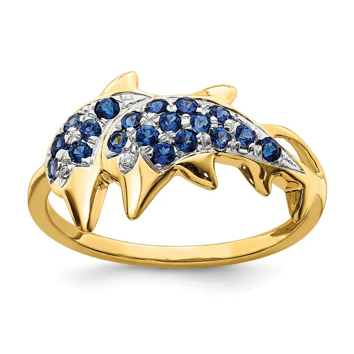 Solid 14k Yellow Gold w Rhodium Simulated CZ and Sapphire Dolphins Ring Goldia Rings Solid 14k Yellow Gold w Rhodium Simulated CZ and Sapphire Dolphins Ring Goldia Rings
