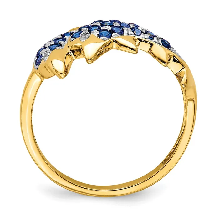 Solid 14k Yellow Gold w Rhodium Simulated CZ and Sapphire Dolphins Ring Goldia Rings