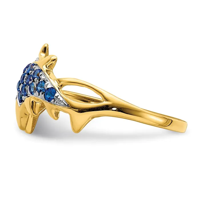 Solid 14k Yellow Gold w Rhodium Simulated CZ and Sapphire Dolphins Ring Goldia Rings