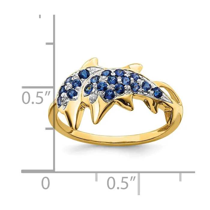 Solid 14k Yellow Gold w Rhodium Simulated CZ and Sapphire Dolphins Ring Goldia Rings