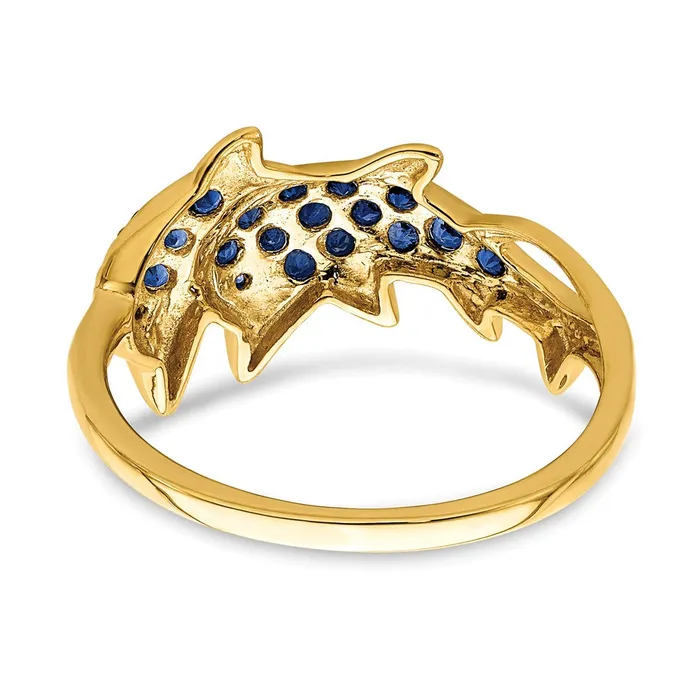 Solid 14k Yellow Gold w Rhodium Simulated CZ and Sapphire Dolphins Ring Goldia Rings