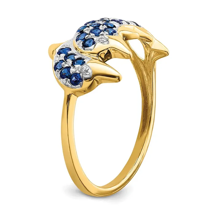 Solid 14k Yellow Gold w Rhodium Simulated CZ and Sapphire Dolphins Ring Goldia Rings