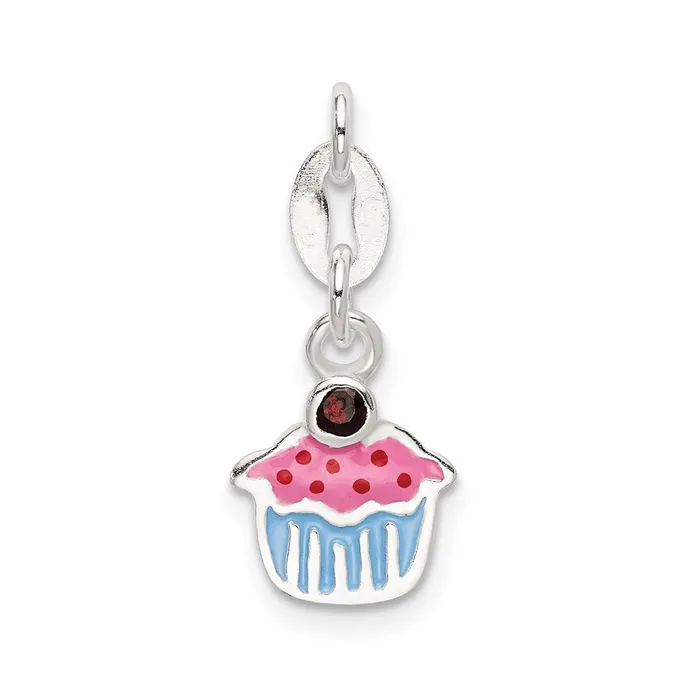 Sterling Silver Polished and Enameled Cupcake wGarnet Charm Goldia Rings