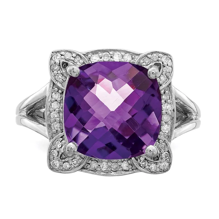 Sterling Silver Rhodiumplated CheckerCut Amethyst u0026 Diamond Ring Goldia Rings